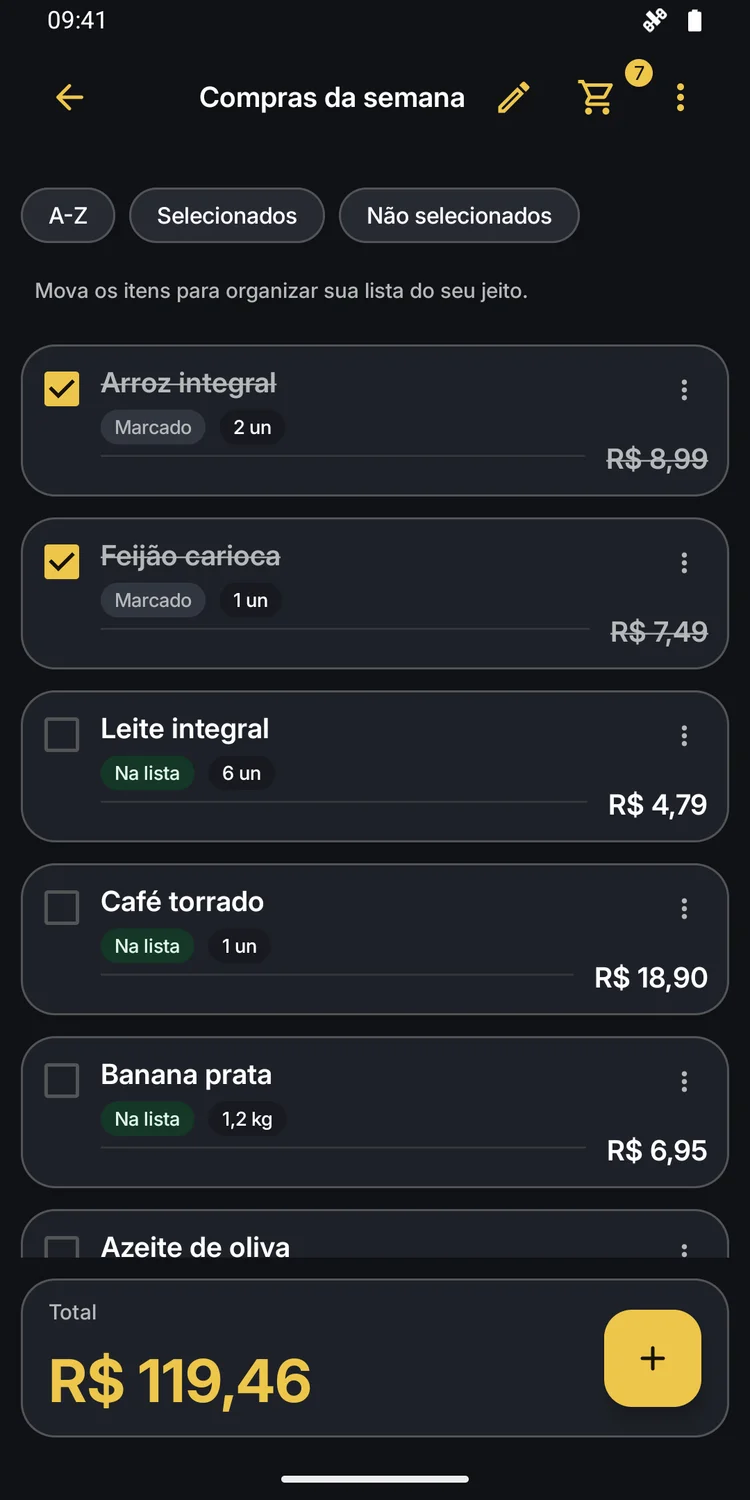 Marketplace List com a tela atual de produtos e total da compra