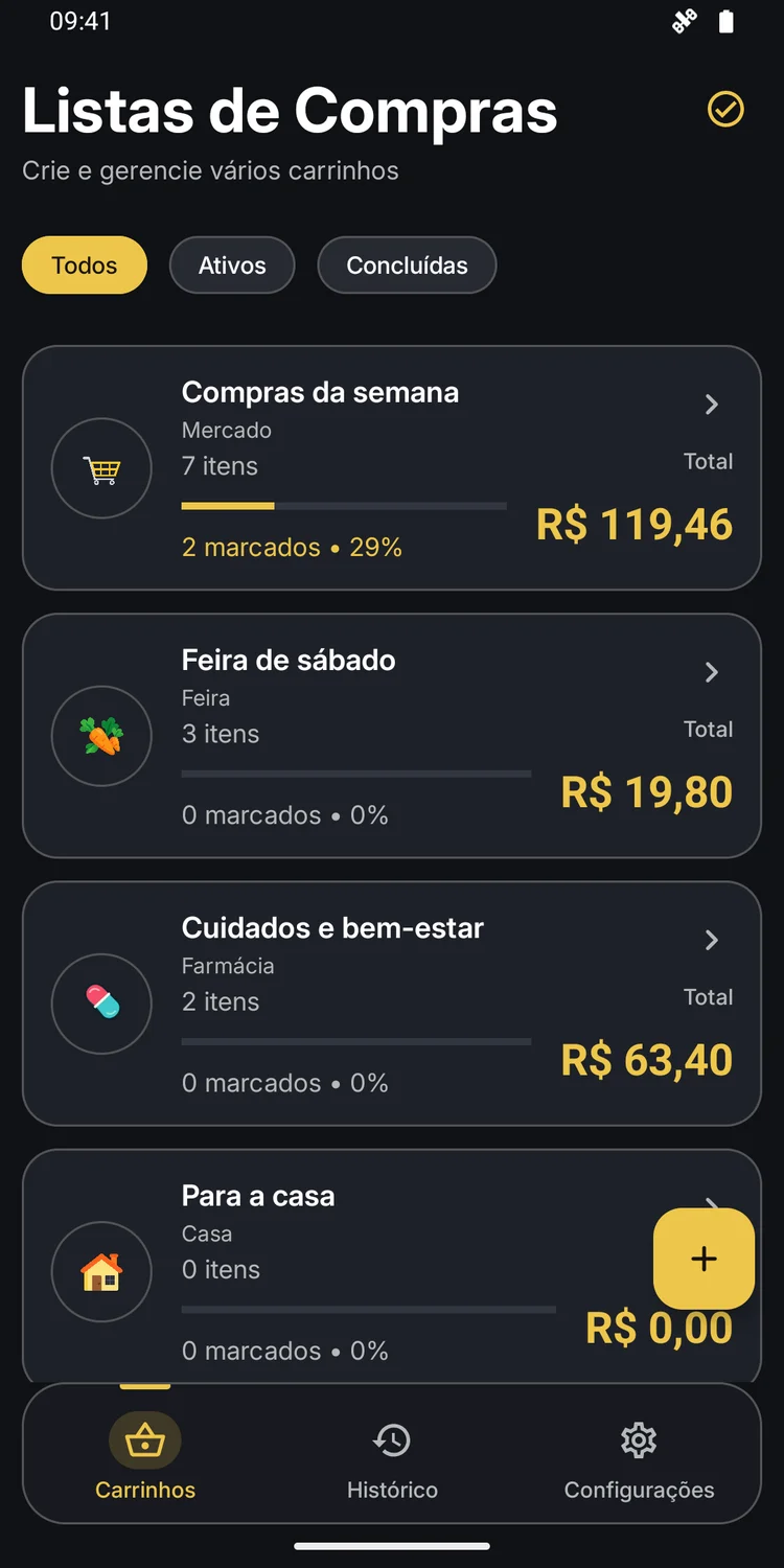 Listas de compras preenchidas no tema escuro