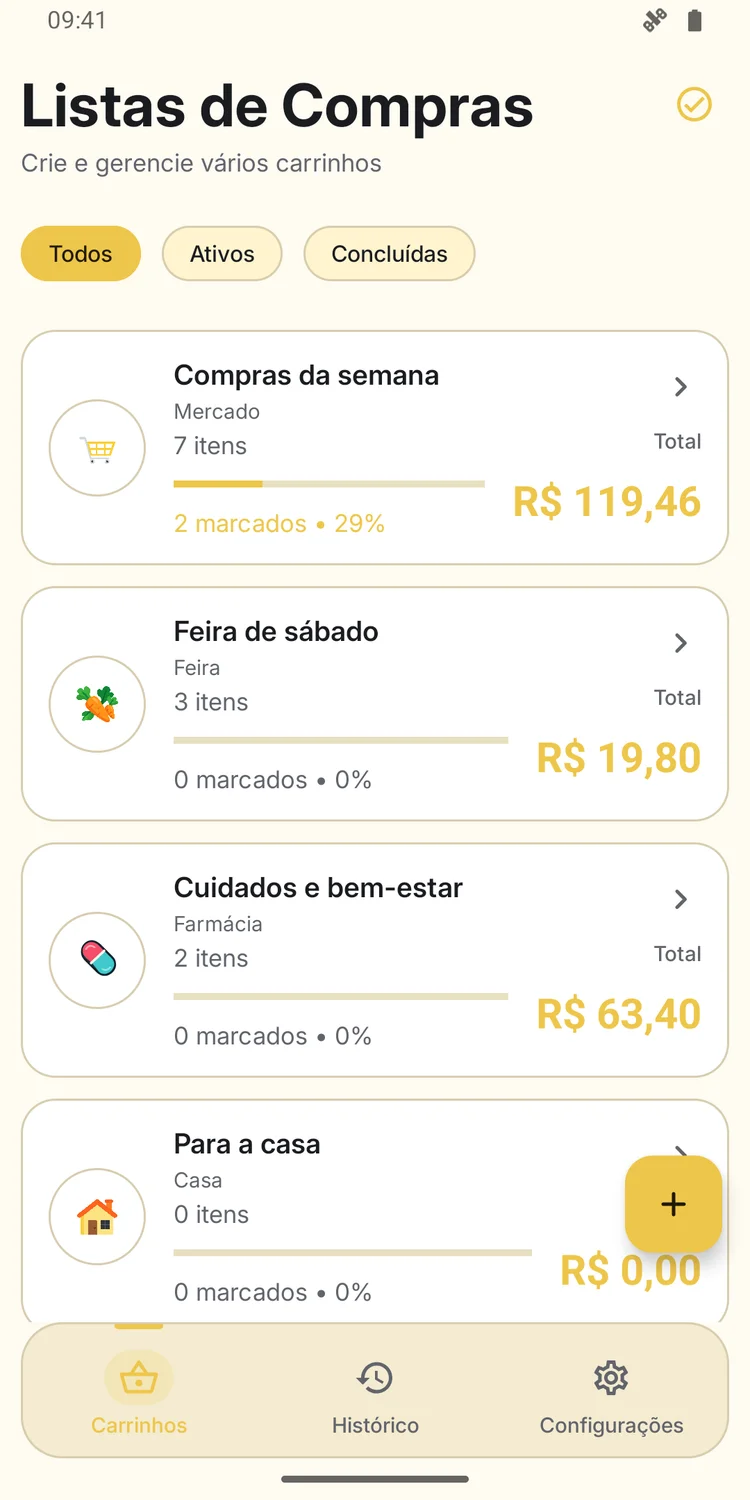 Listas de compras por categoria no tema claro