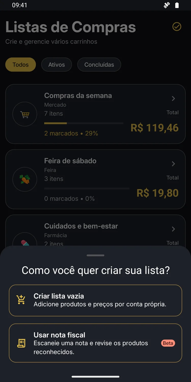 Opções para criar uma lista vazia ou usar uma nota fiscal, identificada como beta