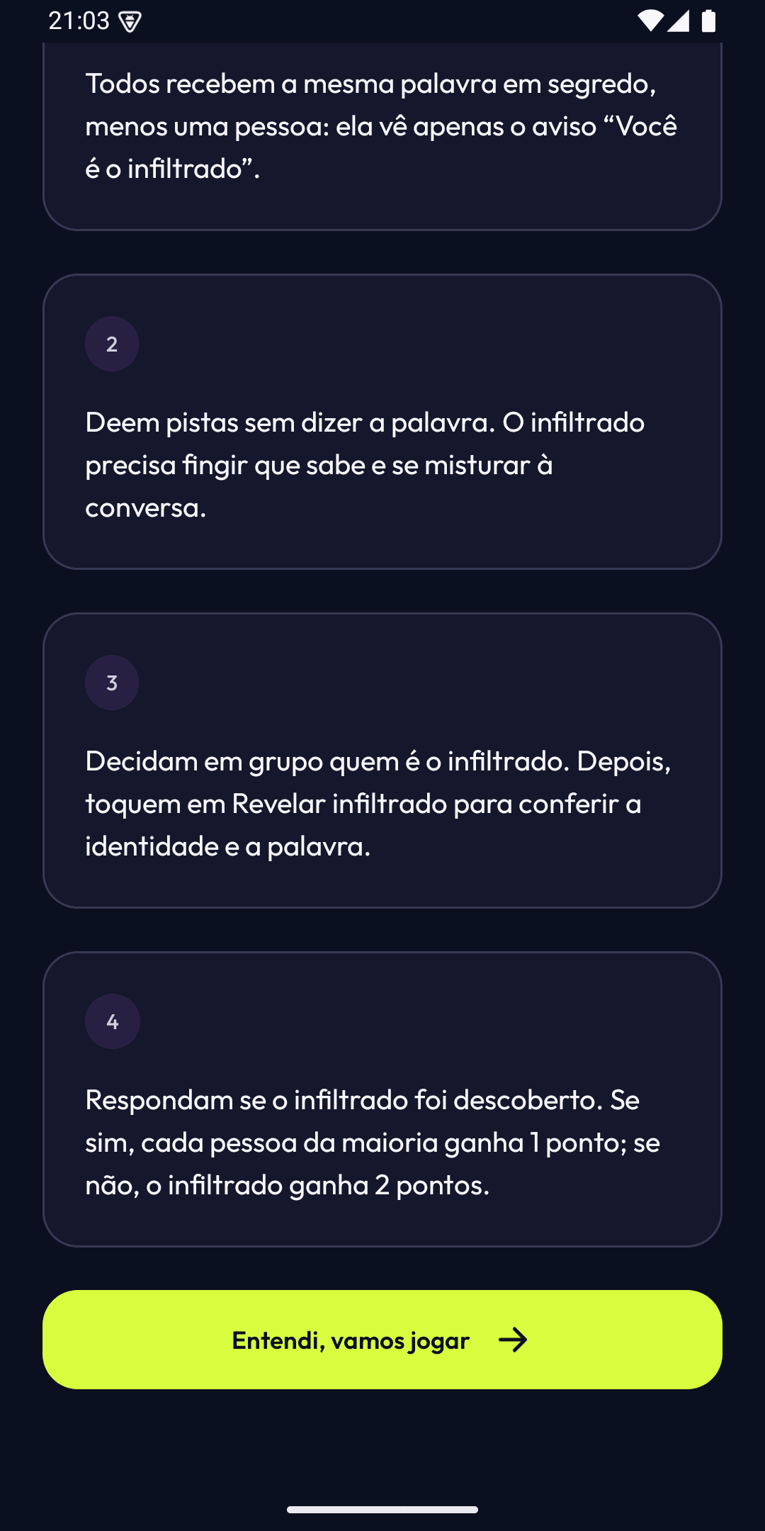 Tela com os passos de como jogar