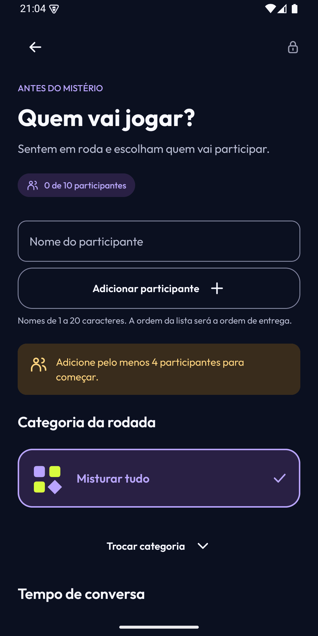 Configuração de participantes e categoria da rodada
